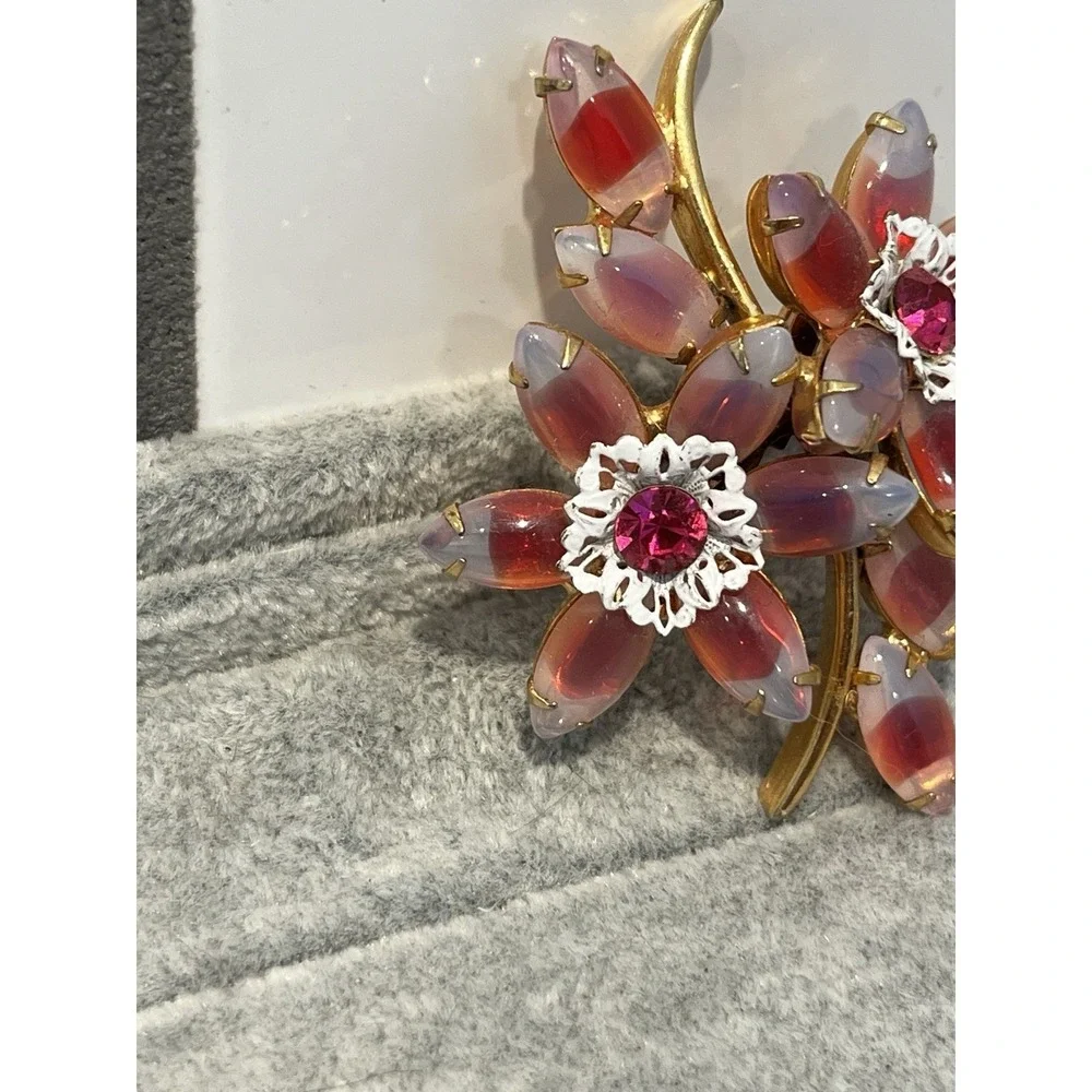 Pink Rhinestone Givre Molded Brooch Layered AB Flower Spray Prong- Juliana Style